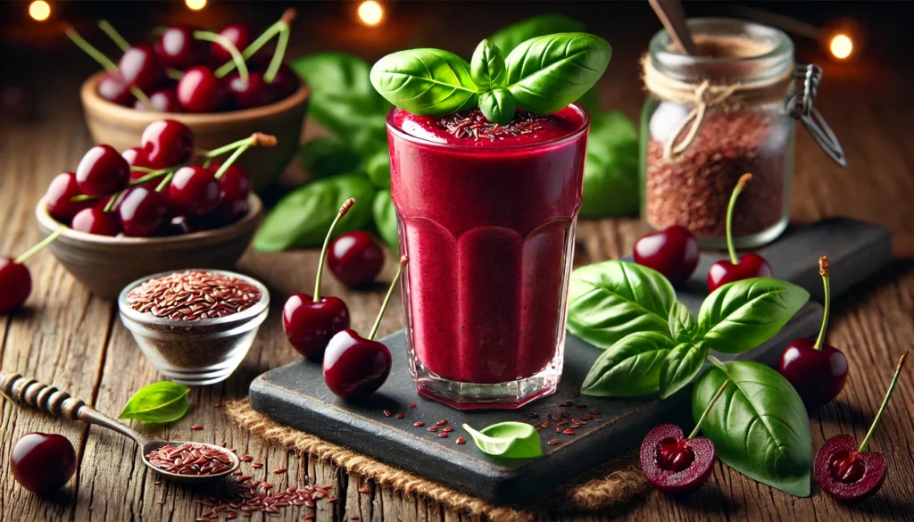 A tart cherry-basil sleep cycle smoothie in a clear glass, showcasing its rich, deep red color. The smoothie is garnished with a small basil leaf. Surrounding the glass are fresh basil leaves, a small bowl of flaxseeds, and a few tart cherries. The setup is placed on a rustic wooden surface with warm, soft lighting for a calming nighttime aesthetic.