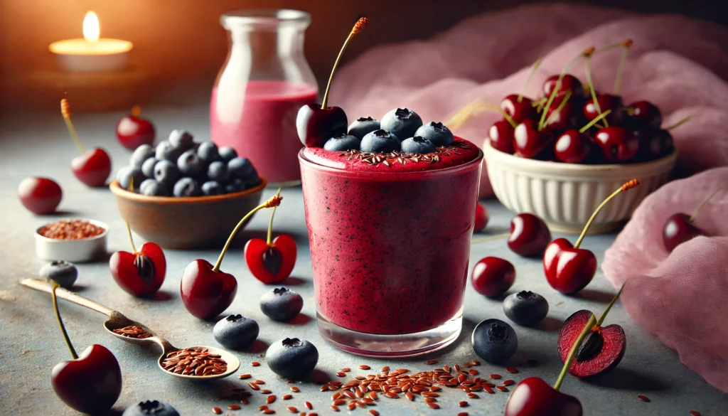 A vibrant tart cherry-blueberry sleep cycle smoothie in a clear glass, surrounded by fresh blueberries, tart cherries, flaxseeds, and a small bowl of Greek yogurt. The deep red-purple hue and creamy texture highlight its sleep-enhancing benefits in a warm, peaceful setting.