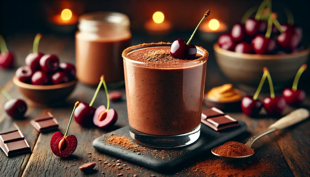 A rich, chocolatey tart cherry and cacao smoothie in a glass, topped with a sprinkle of cacao powder. The smoothie is placed on a dark wooden surface alongside fresh tart cherries, raw cacao beans, and an almond butter jar, exuding a warm and indulgent nighttime vibe.