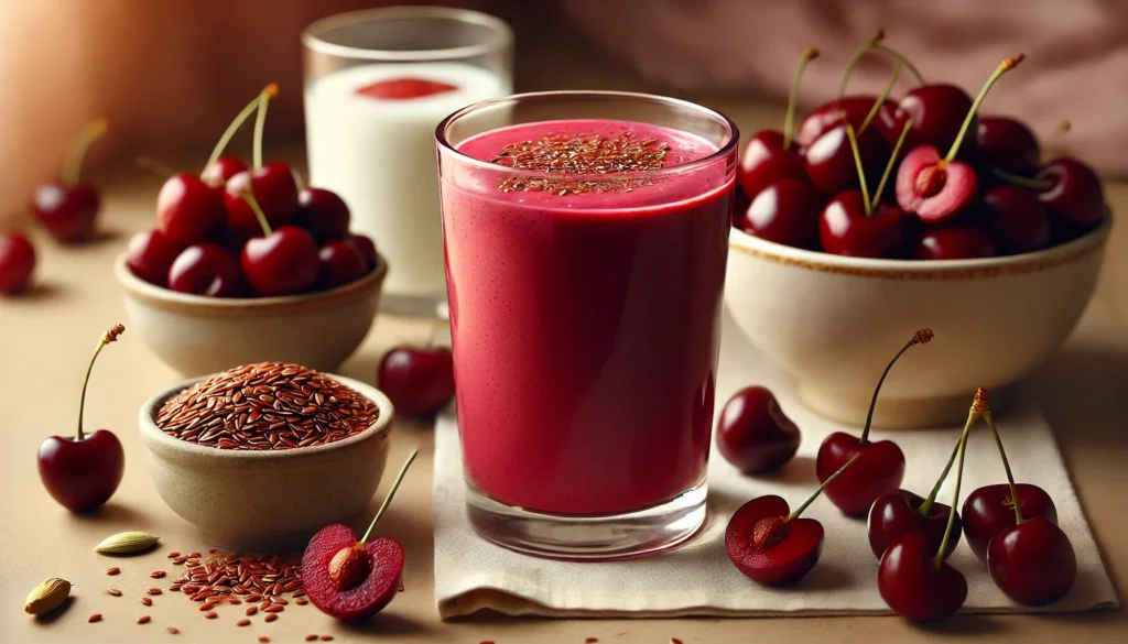 A vibrant tart cherry-cardamom sleep cycle smoothie in a clear glass, surrounded by fresh tart cherries, flaxseeds, and a small bowl of Greek yogurt. The deep red hue and creamy texture highlight its sleep-enhancing benefits in a warm, calming setting.