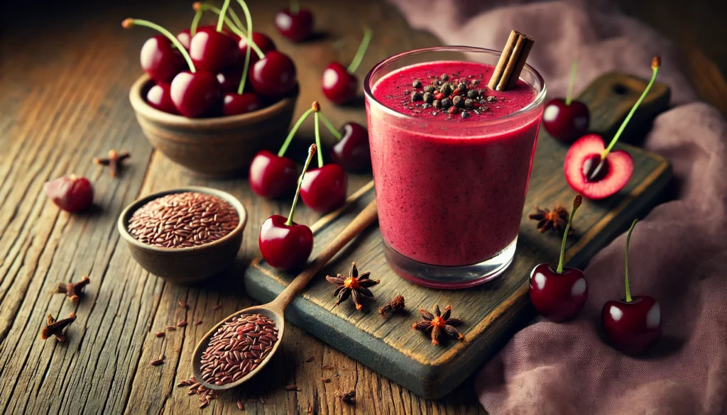 A tart cherry-clove deep sleep smoothie in a clear glass, showcasing its deep red color. The smoothie is garnished with a small bowl of cloves nearby. Surrounding the glass are fresh tart cherries, a small bowl of flaxseeds, and a rustic wooden spoon. The setup is placed on a rustic wooden surface with warm, soft lighting for a calming nighttime aesthetic.