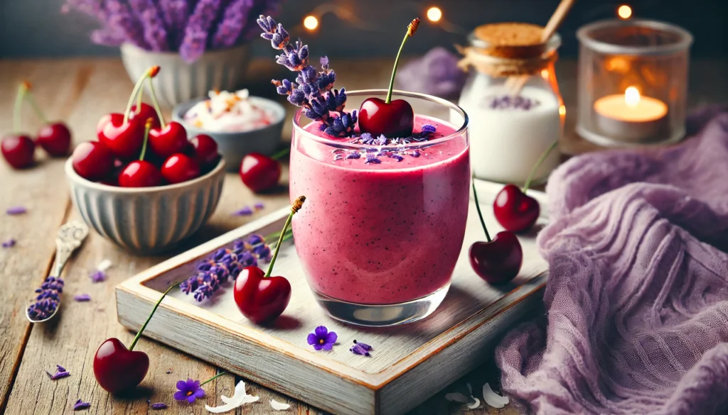 A vibrant tart cherry and lavender smoothie in a clear glass, garnished with a few fresh cherries and a delicate sprig of lavender. The smoothie rests on a light wooden tray with a small bowl of Greek yogurt and scattered coconut flakes, evoking a soothing nighttime setting.