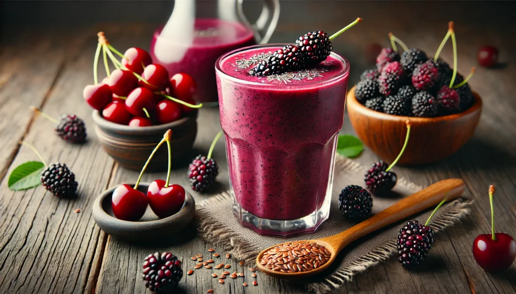 A tart cherry-mulberry REM cycle smoothie in a clear glass, showcasing its deep red-purple color. The smoothie is garnished with a few fresh mulberries. Surrounding the glass are fresh mulberries, tart cherries, a small bowl of flaxseeds, and a rustic wooden spoon. The setup is placed on a rustic wooden surface with warm, soft lighting for a calming nighttime aesthetic.