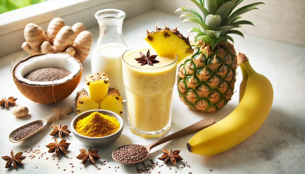 A golden anise and pineapple smoothie in a clear glass, surrounded by fresh pineapple chunks, banana, anise seeds, turmeric, flaxseeds, and coconut milk on a bright kitchen counter. A refreshing drink designed to support digestion and reduce intestinal cramping.