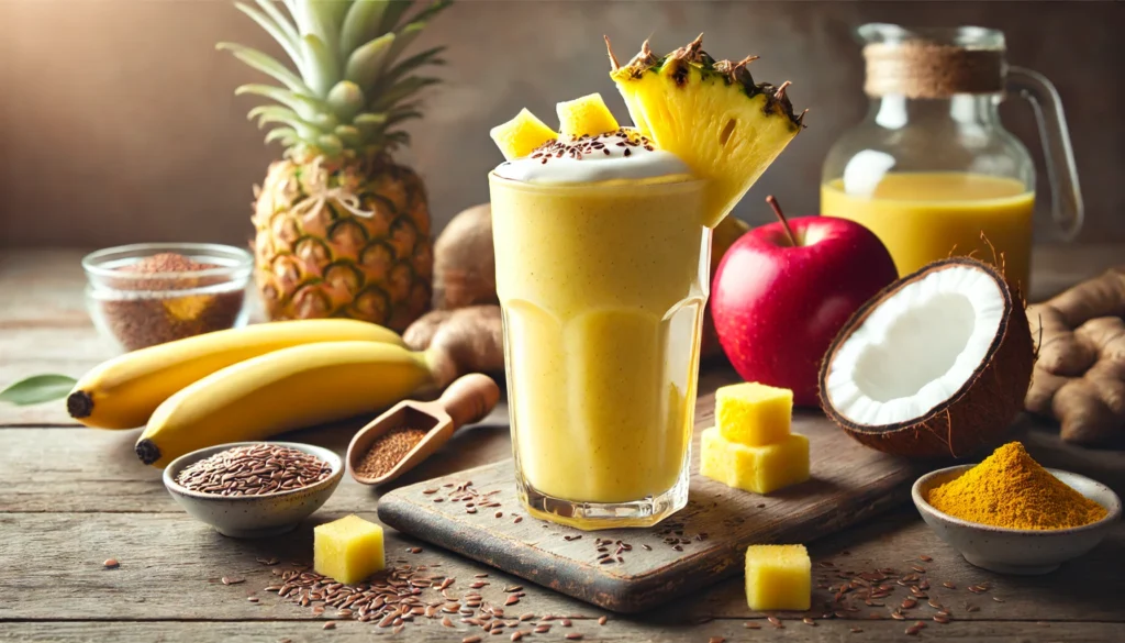 A bright yellow tropical smoothie in a tall clear glass, topped with pineapple chunks and a drizzle of coconut milk. The smoothie is placed on a rustic wooden table, accompanied by a red apple, banana, turmeric, and flaxseeds, highlighting its digestion-supportive and anti-inflammatory ingredients.