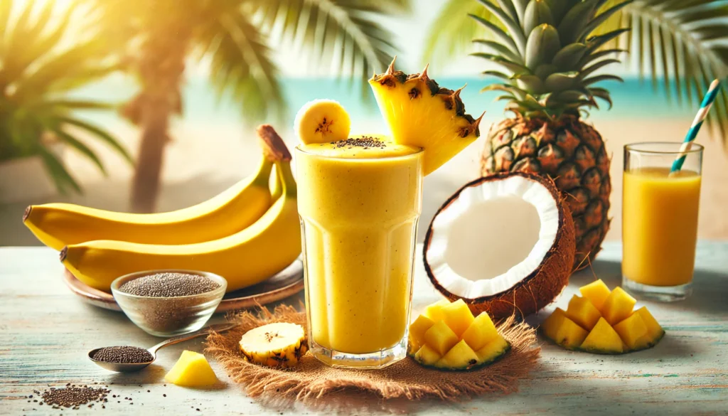 A refreshing glass of Tropical Banana-Pineapple Recovery Smoothie with a golden yellow hue, garnished with a pineapple wedge and banana slice. Fresh pineapple chunks, a small bowl of chia seeds, and a coconut with a straw surround the smoothie, set against a sunlit tropical background.