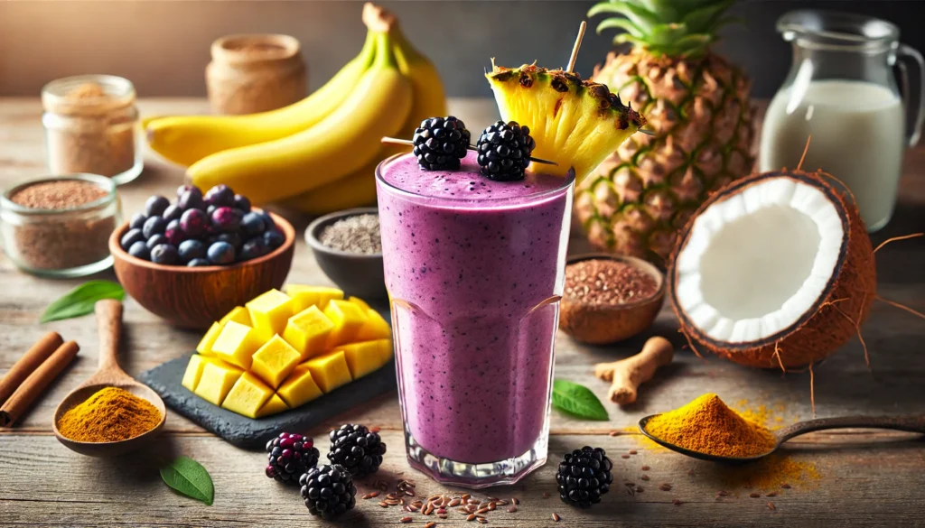 A vibrant purple tropical smoothie in a tall clear glass, topped with fresh blackberries and pineapple chunks. The smoothie is placed on a rustic wooden table, accompanied by banana, coconut milk, turmeric, and flaxseeds, highlighting its gut-soothing and digestion-promoting ingredients.