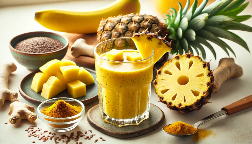 A golden pineapple-infused smoothie with bone marrow in a clear glass, surrounded by fresh pineapple chunks, banana, a dish of bone marrow, turmeric, and flaxseeds on a bright kitchen counter. A gut-repairing drink designed to reduce inflammation and support digestion.