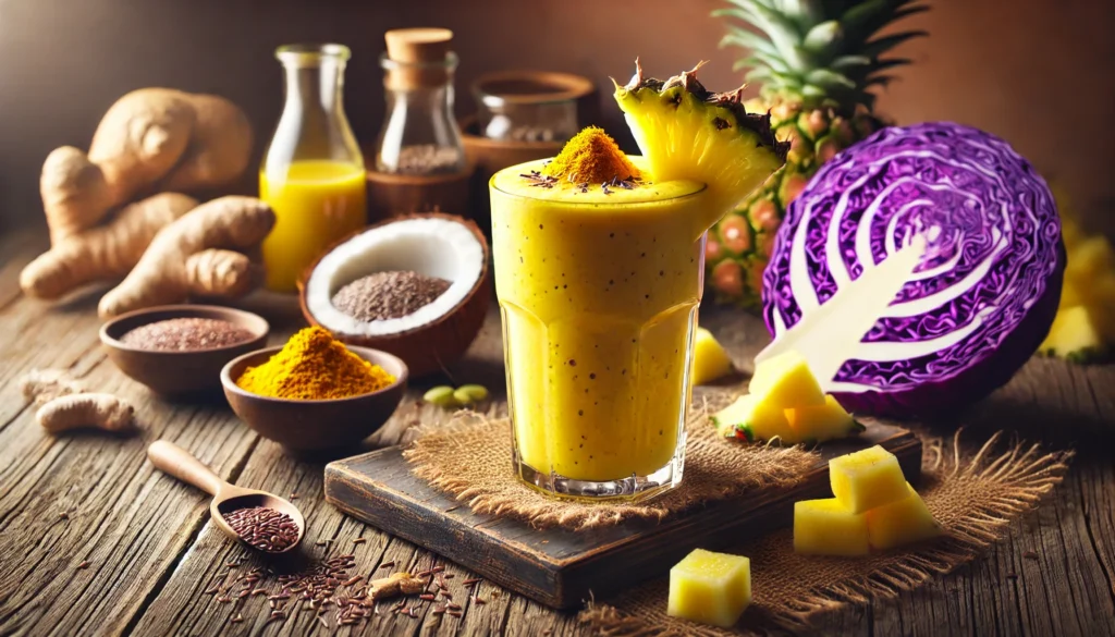 A vibrant yellow tropical smoothie in a tall clear glass, topped with pineapple chunks and a sprinkle of turmeric. The smoothie is placed on a rustic wooden table, accompanied by purple cabbage, coconut milk, and flaxseeds, highlighting its digestion-supporting ingredients.