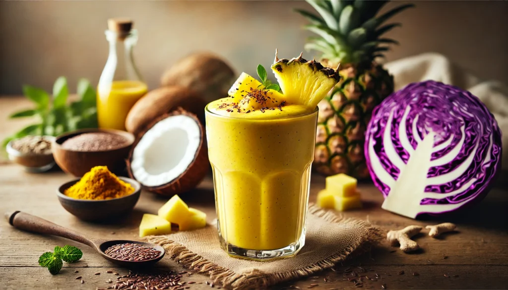 A bright yellow tropical smoothie in a tall clear glass, topped with pineapple chunks and a hint of turmeric. The smoothie is placed on a rustic wooden table, accompanied by purple cabbage, coconut milk, and flaxseeds, highlighting its digestion-supportive and anti-inflammatory ingredients.