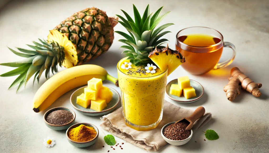 A golden pineapple-infused smoothie with chamomile in a clear glass, surrounded by fresh pineapple chunks, banana, brewed chamomile tea, turmeric, and flaxseeds on a bright kitchen counter. A digestion-supporting drink designed to reduce inflammation and relieve stomach cramps.