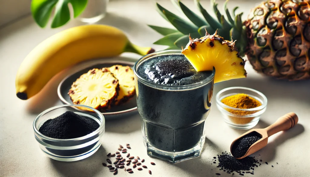 A dark charcoal-infused pineapple smoothie in a clear glass, surrounded by fresh pineapple chunks, banana, activated charcoal powder, turmeric, and flaxseeds on a bright kitchen counter. A detoxifying tropical drink designed to cleanse the gut and support digestion.