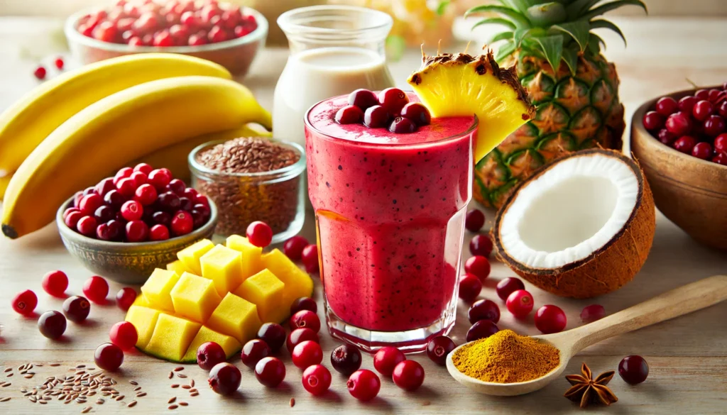 A vibrant red cranberry and pineapple smoothie in a clear glass, surrounded by fresh cranberries, pineapple chunks, banana, turmeric, flaxseeds, and coconut milk on a bright kitchen counter. A refreshing drink designed to reduce bacterial infections and support gut health.