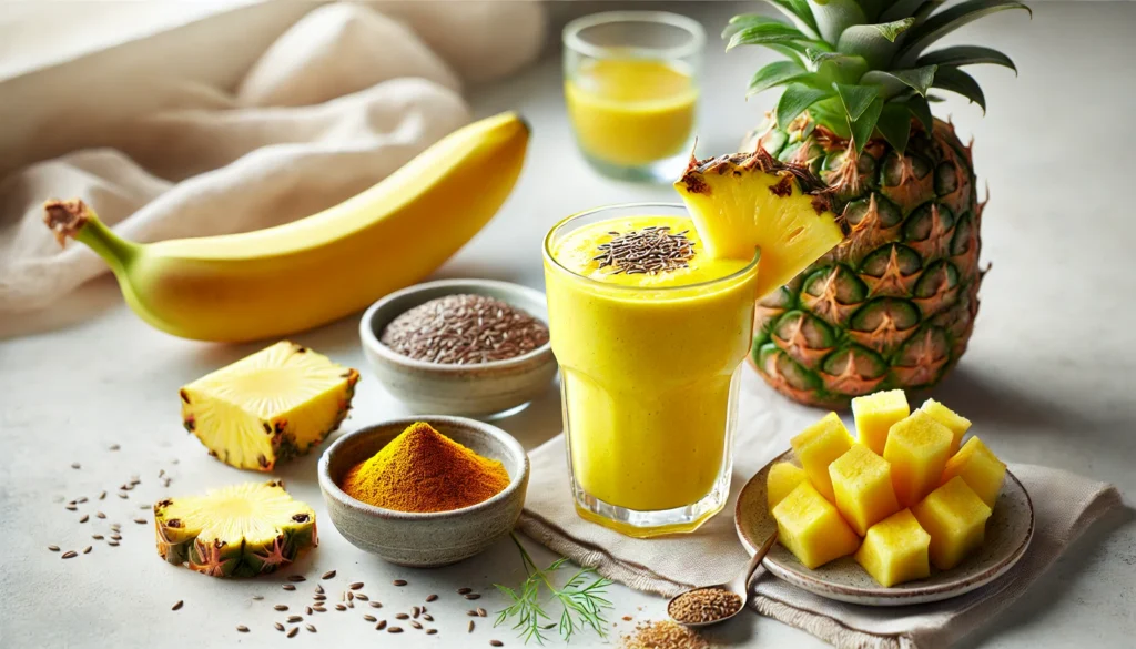 A vibrant yellow pineapple-infused smoothie in a clear glass, surrounded by fresh pineapple chunks, banana, fennel seeds, turmeric, and flaxseeds on a bright kitchen counter. A refreshing tropical drink designed to aid digestion and reduce bloating.