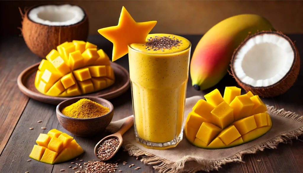 A tall glass of Tropical Flaxseed Rejuvenation Smoothie with a vibrant yellow-orange hue, garnished with a mango slice and a sprinkle of flaxseeds. Around the smoothie are fresh mango chunks, a small bowl of coconut water, a frozen banana half, and a pinch of turmeric on a wooden table, evoking a tropical and refreshing feel for muscle recovery and hydration.