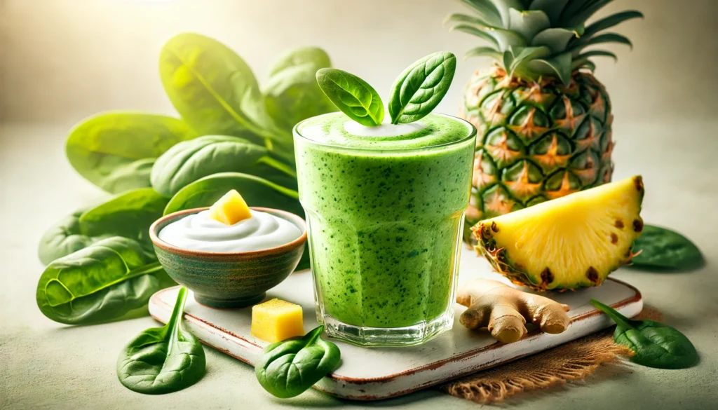 A tropical green Greek yogurt smoothie in a glass with a fresh green hue, surrounded by fresh spinach leaves, pineapple chunks, a small dish of Greek yogurt, and a piece of fresh ginger. The bright and invigorating morning setting with soft natural lighting enhances energy and digestion.