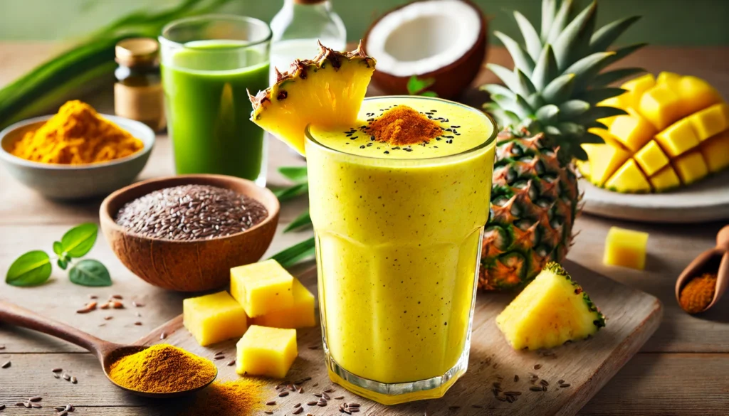 A vibrant yellow tropical smoothie in a tall clear glass, topped with pineapple chunks and a sprinkle of turmeric. The smoothie is placed on a wooden kitchen table, accompanied by brewed green tea, coconut milk, and flaxseeds, emphasizing its gut-healing and anti-inflammatory ingredients.