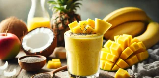 A bright yellow tropical smoothie in a clear glass, garnished with fresh mango and pineapple chunks. The smoothie sits on a rustic wooden table, surrounded by coconut water, banana, and chia seeds, creating a refreshing and electrolyte-replenishing atmosphere.