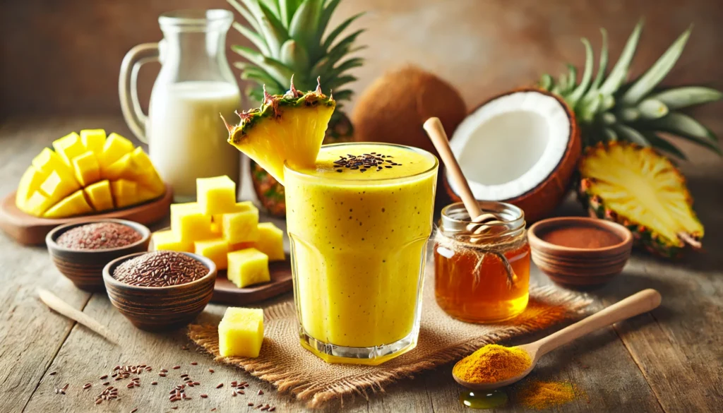 A vibrant yellow tropical smoothie in a tall clear glass, topped with pineapple chunks and a drizzle of raw honey. The smoothie is placed on a rustic wooden table, accompanied by coconut milk, turmeric, and flaxseeds, highlighting its gut-healing and digestion-supportive ingredients.