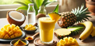 A bright golden-yellow tropical hydration smoothie in a tall glass, garnished with a pineapple slice, surrounded by coconut water, mango, pineapple, banana, and turmeric on a wooden countertop.