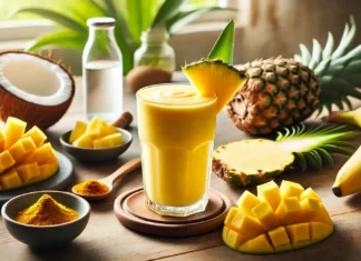 A bright golden-yellow tropical hydration smoothie in a tall glass, garnished with a pineapple slice, surrounded by coconut water, mango, pineapple, banana, and turmeric on a wooden countertop.