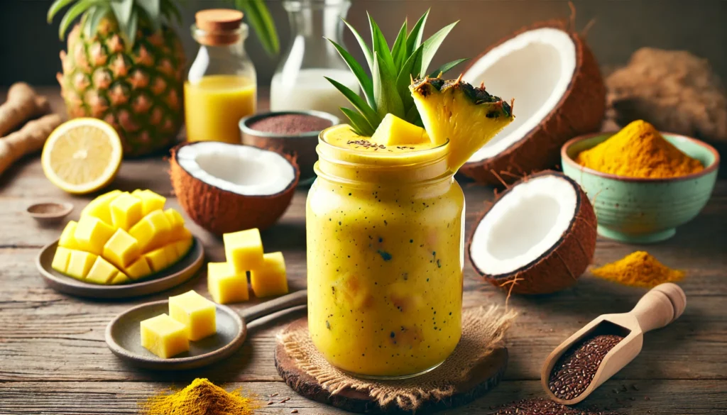 A vibrant yellow tropical smoothie in a tall clear glass, topped with pineapple chunks and a drizzle of lemon juice. The smoothie is placed on a rustic wooden table, accompanied by coconut milk, turmeric, and flaxseeds, highlighting its digestion-supportive and gut-balancing ingredients.