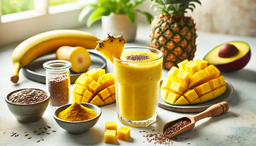 A golden mango and pineapple smoothie in a clear glass, surrounded by fresh mango slices, pineapple chunks, banana, turmeric, and flaxseeds on a bright kitchen counter. A refreshing drink designed to support gut enzyme production and promote digestion.