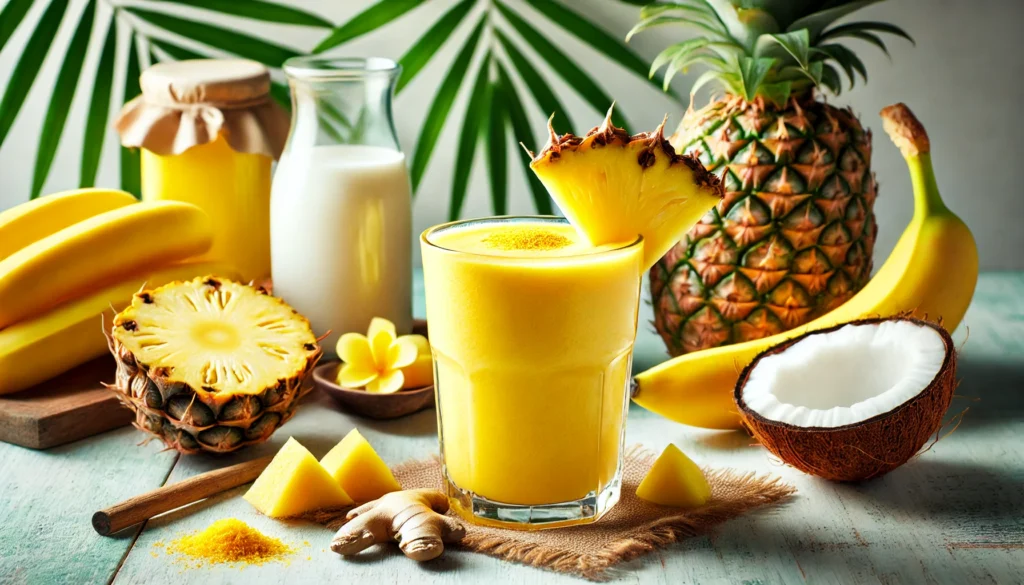 A tropical pineapple smoothie in a tall glass with a vibrant yellow-orange color and frothy texture. Garnished with a fresh pineapple wedge and a sprinkle of grated ginger. The background features a halved pineapple, a banana, and a coconut milk jar on a bright wooden surface, evoking a fresh, exotic, and digestive-friendly vibe.