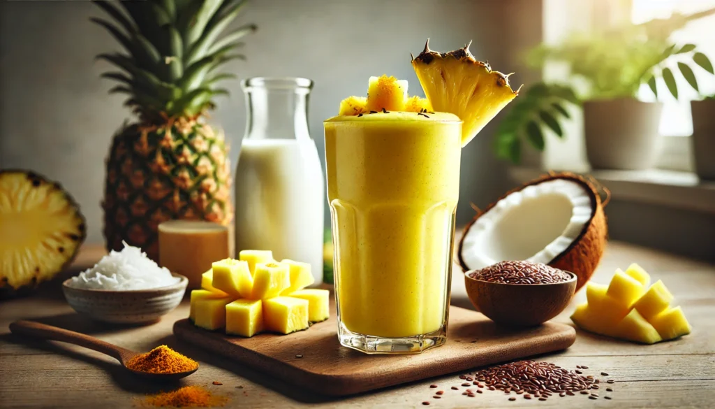 A vibrant yellow probiotic smoothie in a tall clear glass, topped with pineapple chunks and a hint of turmeric. The smoothie is placed on a wooden kitchen table, surrounded by coconut milk, white miso paste, and flaxseeds, highlighting its digestive-supporting ingredients.

