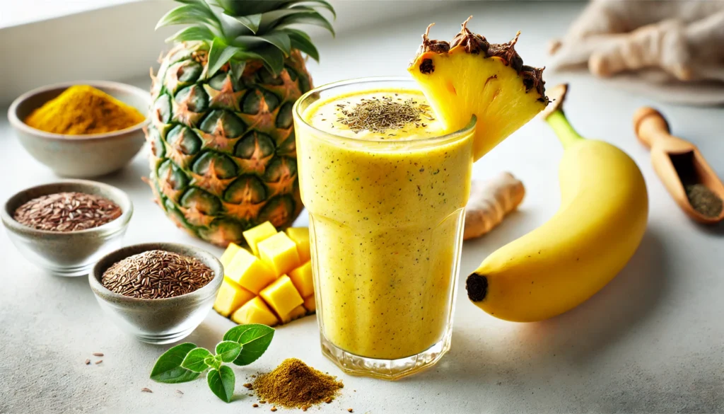 A golden pineapple-infused smoothie with oregano in a clear glass, surrounded by fresh pineapple chunks, banana, dried oregano, turmeric, and flaxseeds on a bright kitchen counter. A digestion-supporting drink designed to fight gut infections.