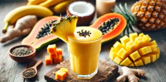 A bright yellow-orange tropical smoothie in a clear glass, garnished with fresh pineapple chunks and a sprinkle of papaya seeds. The smoothie is placed on a rustic wooden table, surrounded by fresh papaya, banana, coconut water, and ginger, creating a refreshing and gut-supporting atmosphere.