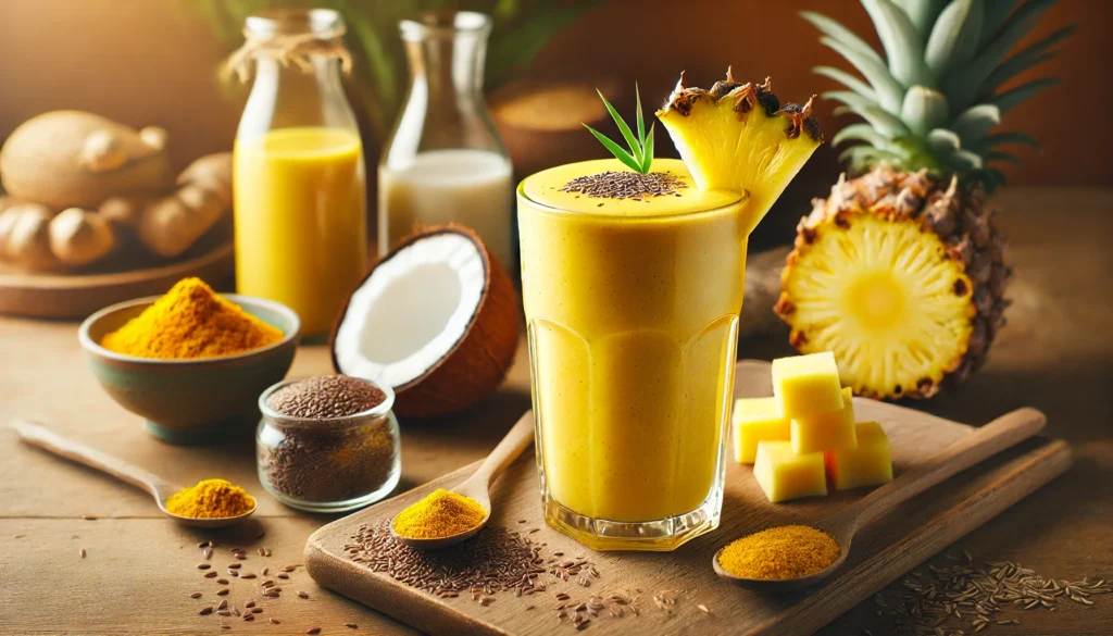 A bright yellow-orange tropical smoothie in a tall clear glass, garnished with pineapple chunks and a hint of turmeric. The smoothie is placed on a wooden kitchen table, accompanied by psyllium husk, coconut milk, and flaxseeds, emphasizing its digestion-supporting ingredients.