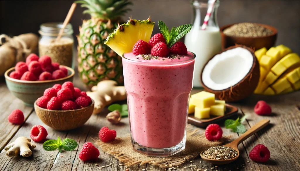 A bright pink tropical smoothie in a tall clear glass, topped with fresh raspberries and pineapple chunks. The smoothie is placed on a rustic wooden table, accompanied by coconut yogurt, coconut water, ginger, and hemp seeds, highlighting its gut-soothing and digestion-supportive ingredients.