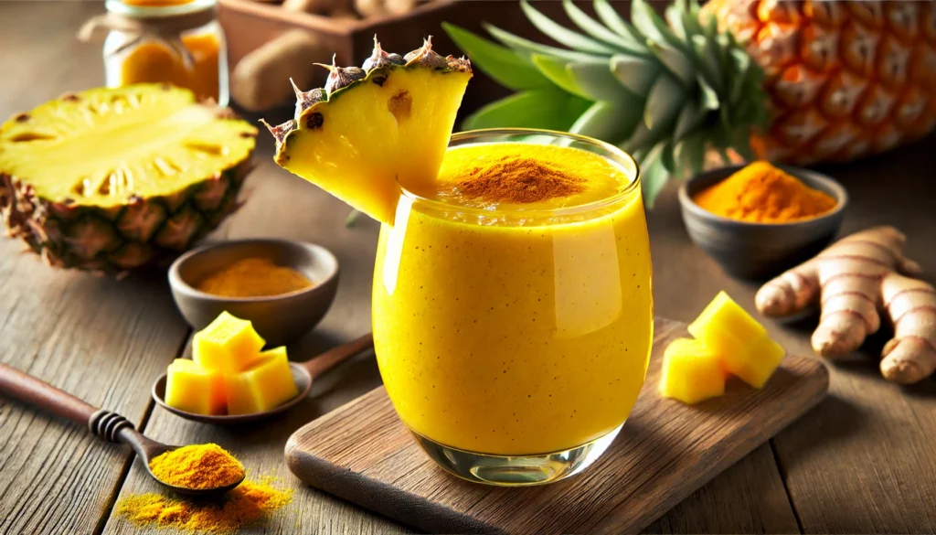 A vibrant yellow-orange tropical smoothie in a clear glass, garnished with a pineapple wedge and a sprinkle of turmeric powder. The setting includes fresh pineapple chunks, a small piece of ginger, and a spoonful of turmeric powder on a wooden table, emphasizing the smoothie’s refreshing and gut-healing ingredients.