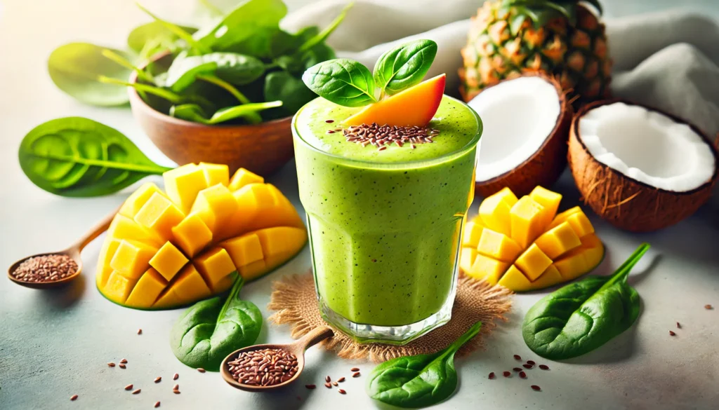 A bright yellow-green Tropical Spinach-Mango Recovery Smoothie in a clear glass, garnished with a mango slice and a sprinkling of flaxseeds. Surrounded by fresh spinach leaves, mango chunks, pineapple pieces, and a small bowl of coconut milk on a wooden surface.