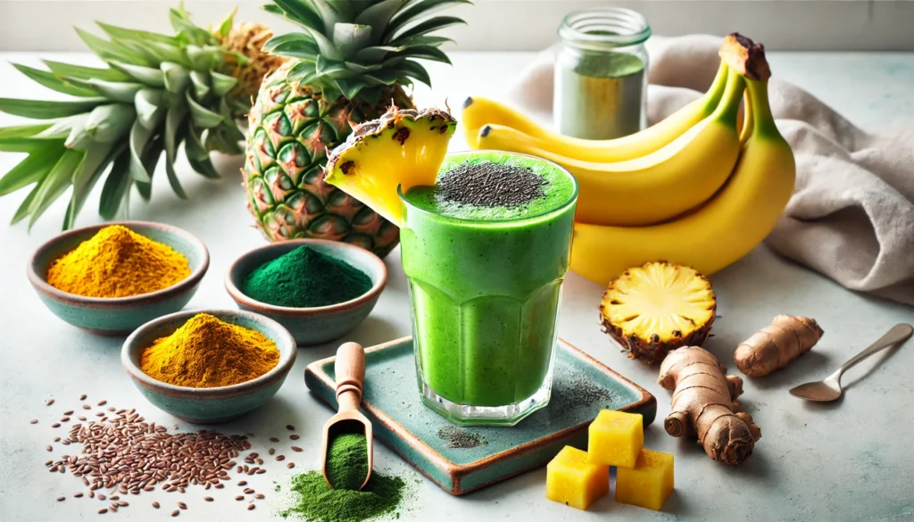 A bright green spirulina and pineapple smoothie in a clear glass, surrounded by fresh pineapple chunks, banana, spirulina powder, turmeric, and flaxseeds on a bright kitchen counter. A refreshing drink designed to aid digestion and promote gut healing.