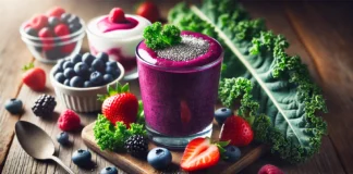 A deep purple berry kale smoothie in a clear glass, garnished with chia seeds. Fresh kale leaves, mixed berries (blueberries, strawberries, raspberries), and a small dish of Greek yogurt surround the glass on a wooden table, illuminated by soft natural lighting.