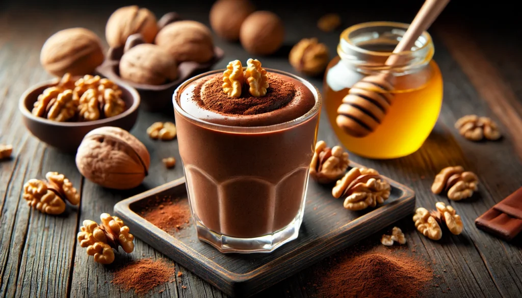 A rich, chocolatey walnut-cacao smoothie in a clear glass, with a smooth and velvety texture, garnished with a sprinkle of cacao powder and crushed walnuts. The smoothie is set on a dark wooden surface with whole walnuts, raw cacao beans, and a honey jar, exuding a warm and relaxing nighttime ambiance.