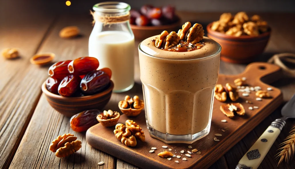 A smooth walnut-date smoothie in a clear glass, with a rich and creamy texture, garnished with chopped walnuts and a drizzle of maple syrup. The smoothie is placed on a wooden surface alongside a small bowl of walnuts, a few pitted dates, and a glass of oat milk, evoking a soft, warm nighttime ambiance.