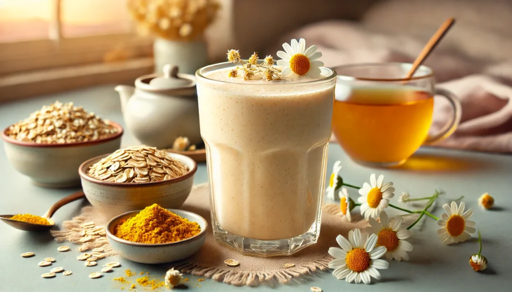 A warm oat-chamomile smoothie in a glass with a soft, creamy beige hue, surrounded by dried chamomile flowers, a small dish of rolled oats, a cup of brewed chamomile tea, and a touch of turmeric. The tranquil setting with soft, warm lighting enhances relaxation and stress relief.