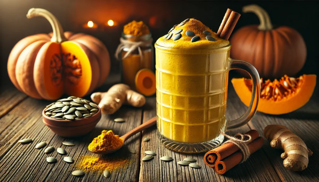 A warm pumpkin seed and turmeric smoothie in a clear mug, featuring a rich golden hue and a sprinkle of cinnamon on top. The smoothie is set on a rustic wooden surface with a small bowl of pumpkin seeds, a cinnamon stick, and a piece of fresh turmeric root, enhancing a cozy, dimly lit nighttime atmosphere.