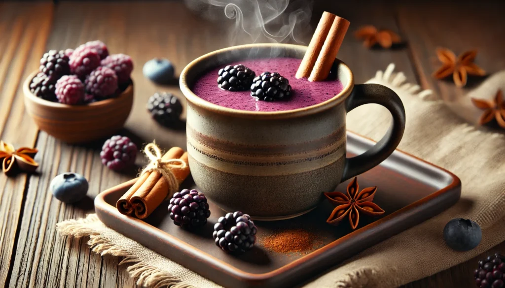 A warm blackberry smoothie in a ceramic mug, infused with nutmeg, cinnamon, and vanilla. The smoothie has a deep purple hue with steam gently rising from the surface. The background features a cozy wooden table with cinnamon sticks and nutmeg placed beside the mug.