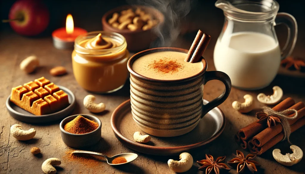 A warm spiced cashew smoothie in a ceramic mug, set on a wooden table with cashew butter, a cinnamon stick, nutmeg, and a steaming cup of oat milk. The smoothie has a rich, velvety texture, creating a soothing nighttime beverage.