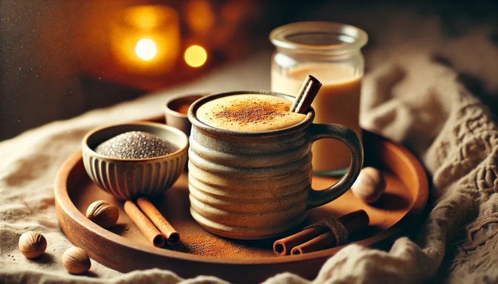 A warm spiced chia nightcap smoothie served in a rustic ceramic mug, with a creamy golden-brown texture. The drink is garnished with a sprinkle of cinnamon and nutmeg, and placed on a cozy wooden tray with a small bowl of chia seeds and a cinnamon stick nearby. The background is softly lit with warm, ambient lighting, creating a relaxing bedtime atmosphere.