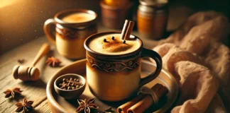 A warm spiced clove nightcap smoothie served in a rustic ceramic mug, with a creamy golden-brown texture. The drink is garnished with a sprinkle of cinnamon and nutmeg and placed on a cozy wooden tray with a small bowl of cloves and a cinnamon stick nearby. The background is softly lit with warm, ambient lighting, creating a relaxing bedtime atmosphere.