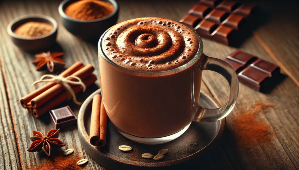 A warm, frothy smoothie in a glass mug, featuring dark chocolate, oat milk, cinnamon, and nutmeg. The smoothie has a velvety chocolate hue, garnished with a swirl of froth and a sprinkle of cinnamon, surrounded by fresh ingredients on a wooden table. The soft, warm lighting enhances the soothing nighttime ambiance.