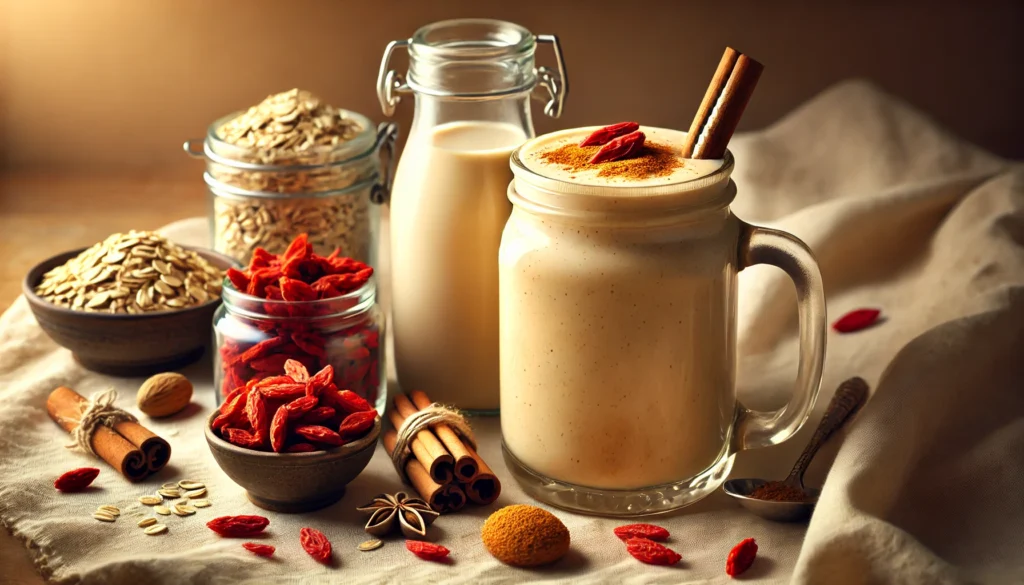 A warm spiced goji nightcap smoothie in a clear mug, surrounded by dried goji berries, cinnamon sticks, nutmeg, and a jar of oat milk. The smoothie has a rich, creamy, light beige-orange color with a velvety texture, set in a warmly lit, soothing nighttime setting.