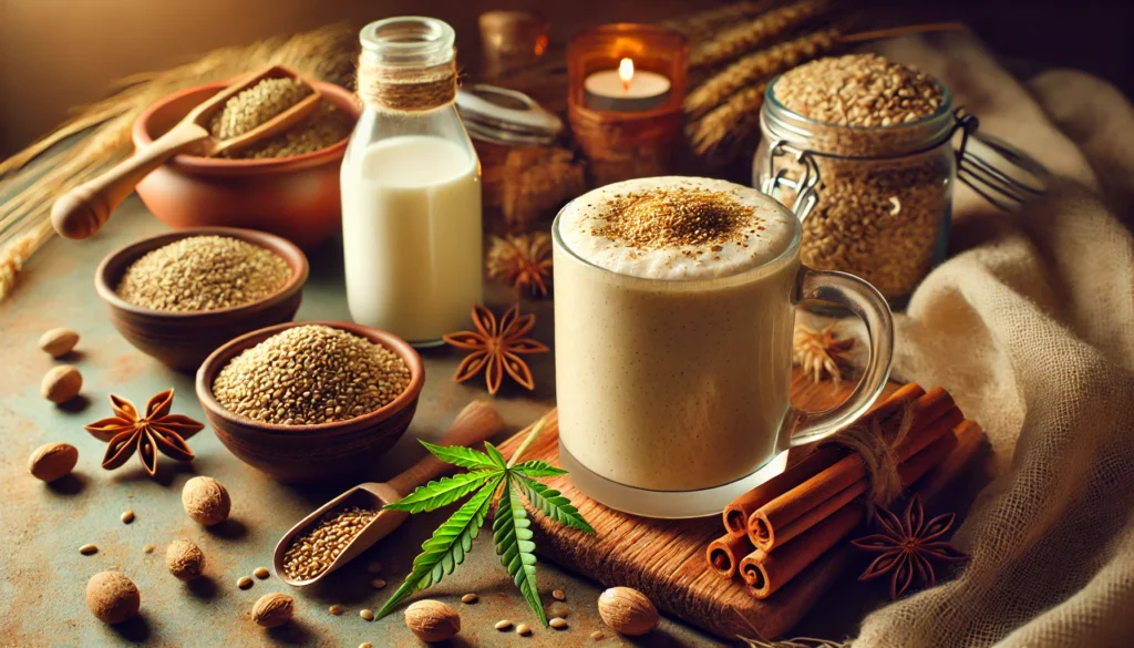 A warm spiced hemp nightcap smoothie in a clear mug, surrounded by a small bowl of hemp seeds, cinnamon sticks, nutmeg, and a jar of oat milk. The smoothie has a rich, creamy, light beige color with a velvety texture, set against a softly lit, warm background for a soothing nighttime ambiance.