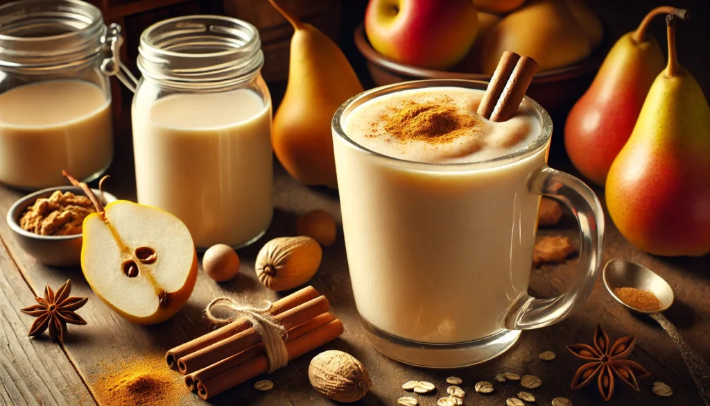 A warm spiced pear nightcap smoothie in a clear mug, surrounded by fresh pears, cinnamon sticks, nutmeg, and a jar of oat milk. The smoothie has a rich, creamy, light beige color with a velvety texture, set in a warmly lit, soothing nighttime setting.