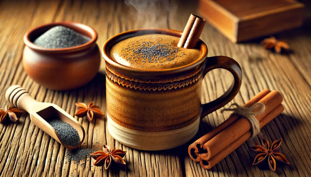 A warm, spiced smoothie served in a ceramic mug, infused with poppy seeds, nutmeg, and cinnamon. Steam gently rises from the rich, golden-brown drink. The background features a cozy wooden table with cinnamon sticks and a nutmeg grater placed beside the mug.